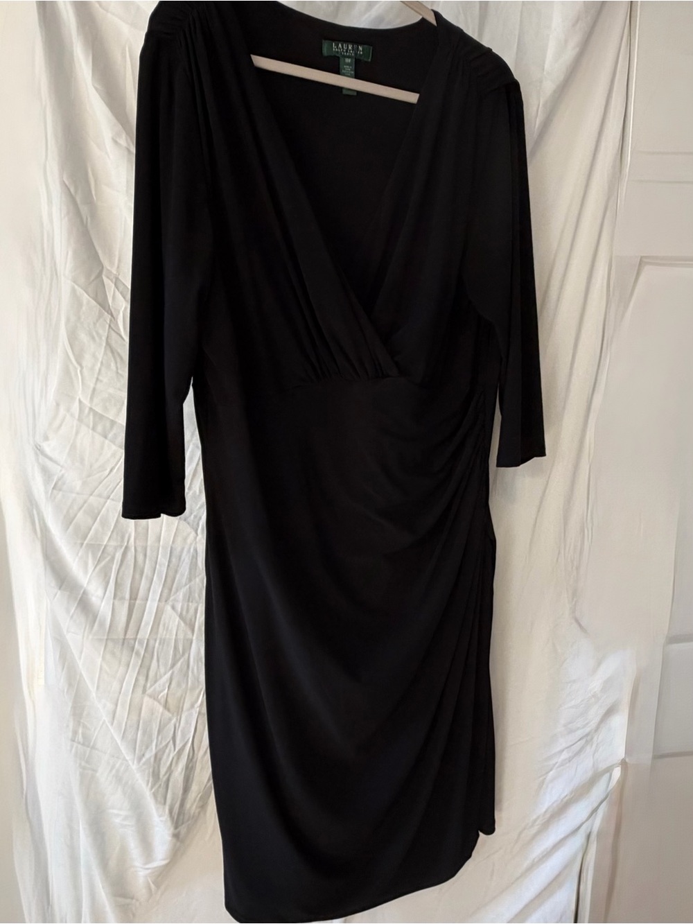 Ralph Lauren Black Faux-Wrap Midi Dress with Side Ruching